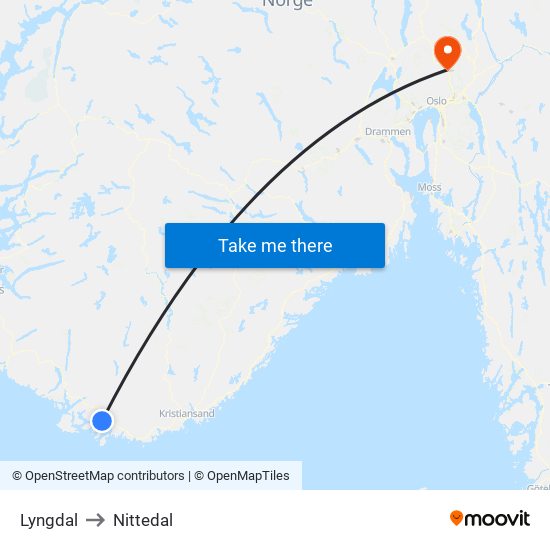 Lyngdal to Nittedal map