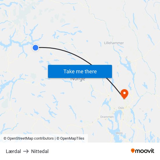 Lærdal to Nittedal map