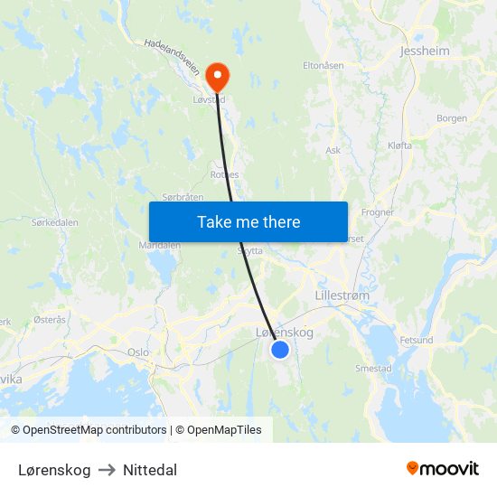 Lørenskog to Nittedal map