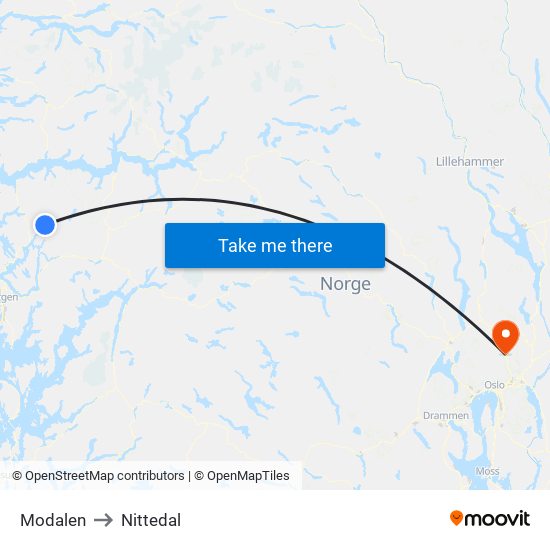 Modalen to Nittedal map