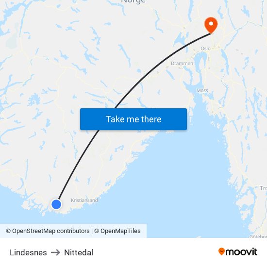 Lindesnes to Nittedal map