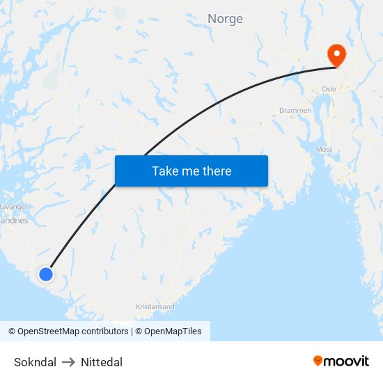 Sokndal to Nittedal map