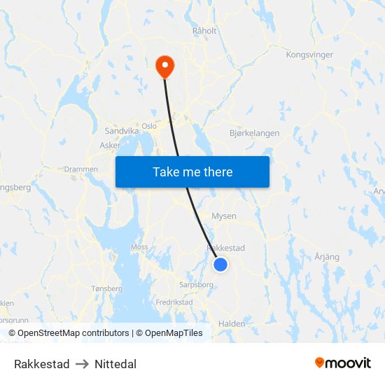 Rakkestad to Nittedal map