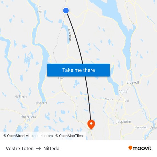 Vestre Toten to Nittedal map