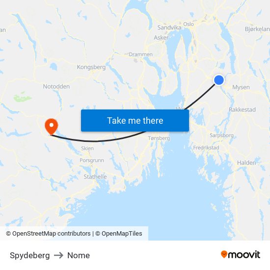 Spydeberg to Nome map