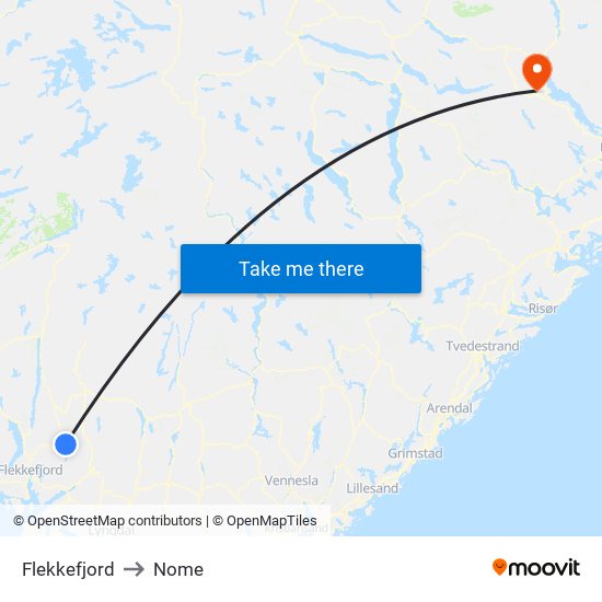 Flekkefjord to Nome map