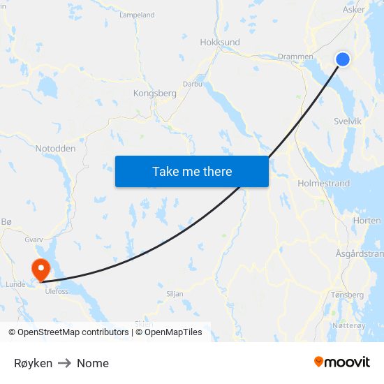 Røyken to Nome map