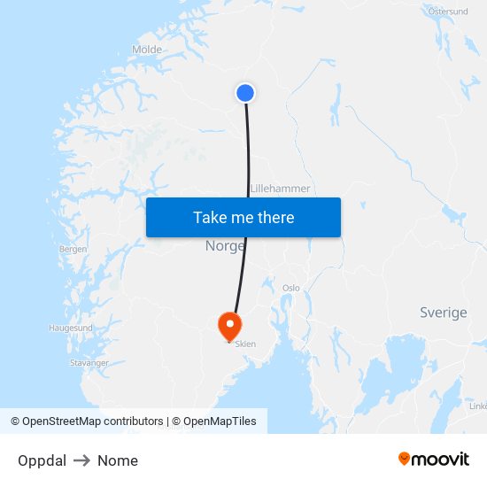 Oppdal to Nome map