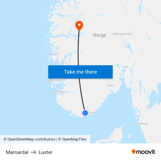 Marnardal to Luster map