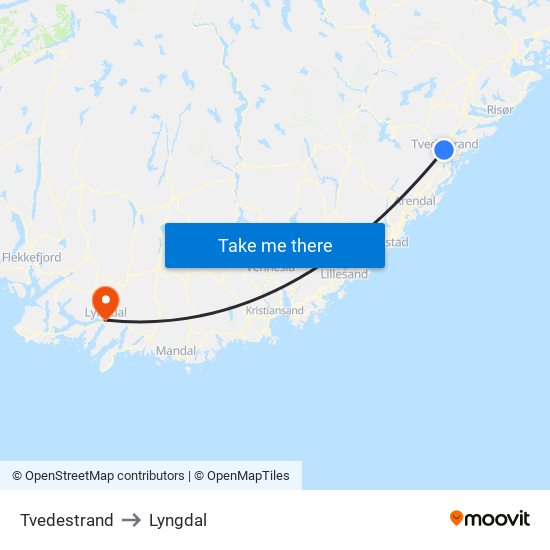 Tvedestrand to Lyngdal map