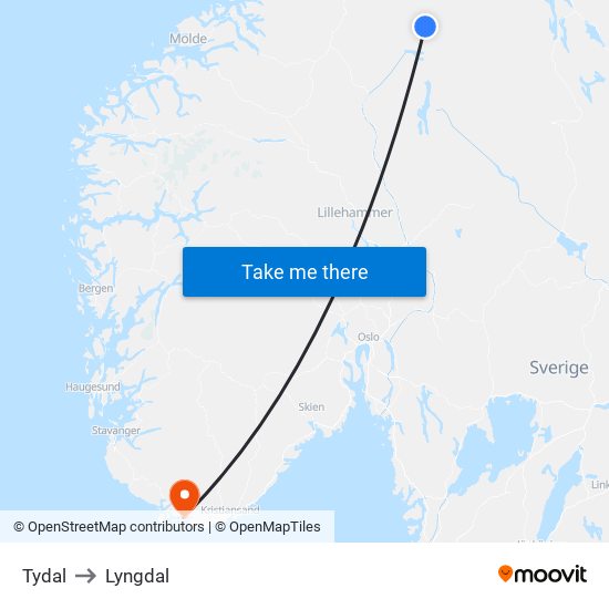 Tydal to Lyngdal map