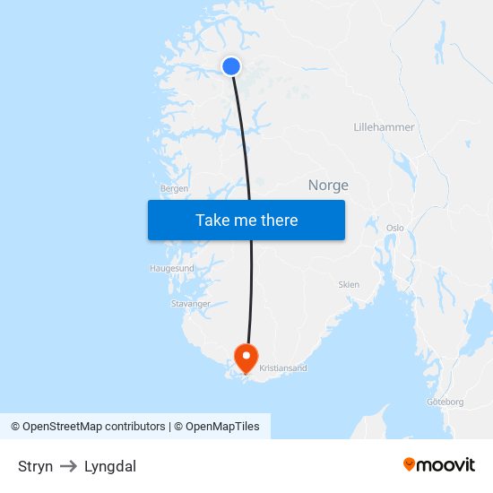 Stryn to Lyngdal map