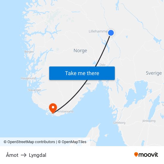 Åmot to Lyngdal map