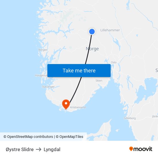 Øystre Slidre to Lyngdal map