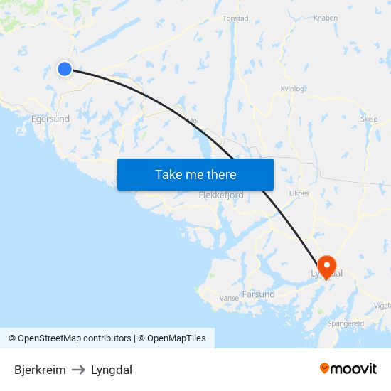 Bjerkreim to Lyngdal map