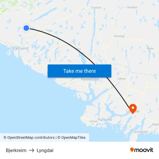 Bjerkreim to Lyngdal map