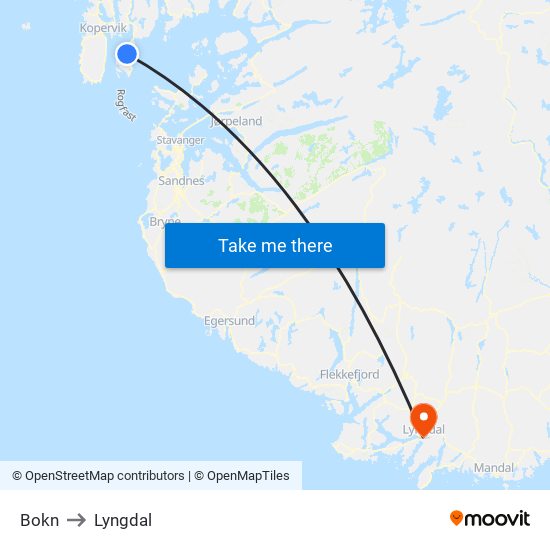 Bokn to Lyngdal map