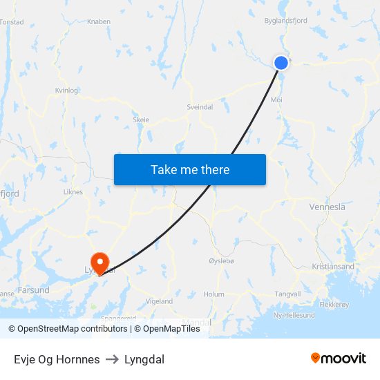 Evje Og Hornnes to Lyngdal map