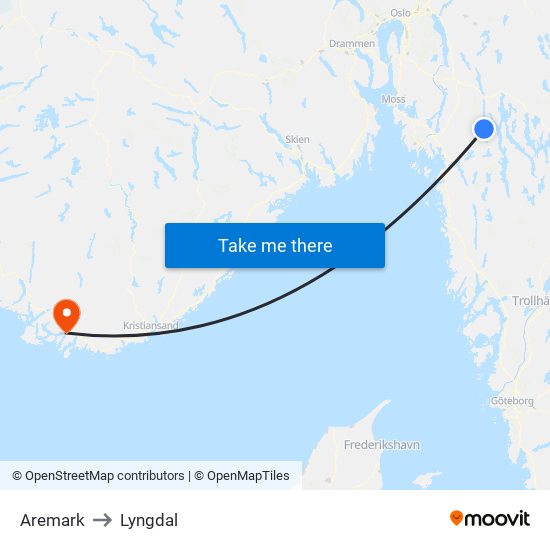 Aremark to Lyngdal map