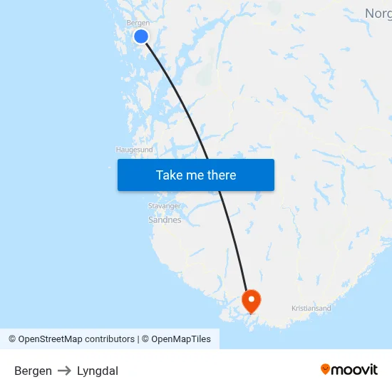 Bergen to Lyngdal map