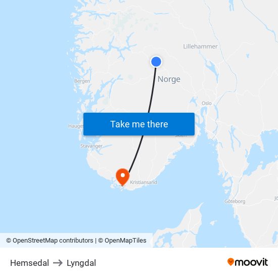 Hemsedal to Lyngdal map