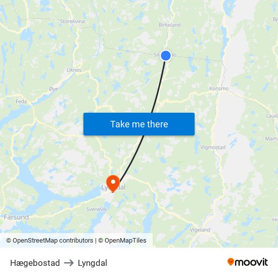 Hægebostad to Lyngdal map