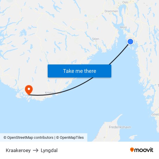 Kraakeroey to Lyngdal map