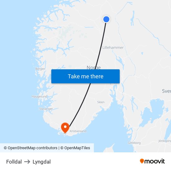 Folldal to Lyngdal map