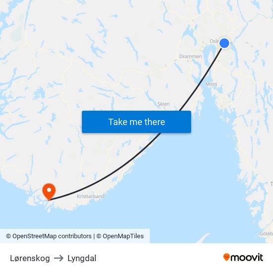 Lørenskog to Lyngdal map