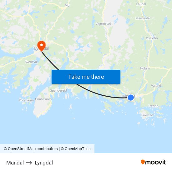 Mandal to Lyngdal map