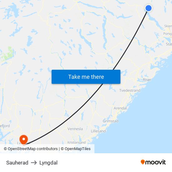 Sauherad to Lyngdal map