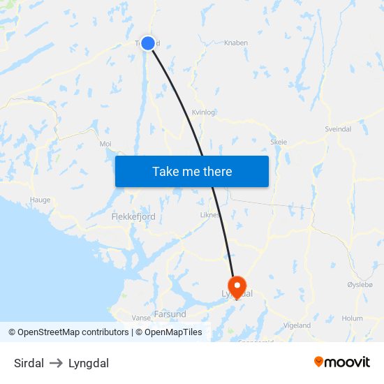 Sirdal to Lyngdal map