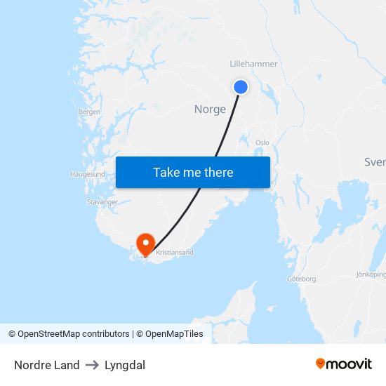 Nordre Land to Lyngdal map