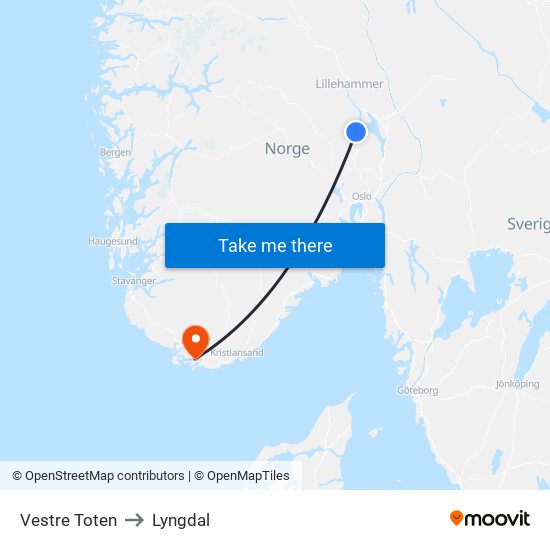 Vestre Toten to Lyngdal map