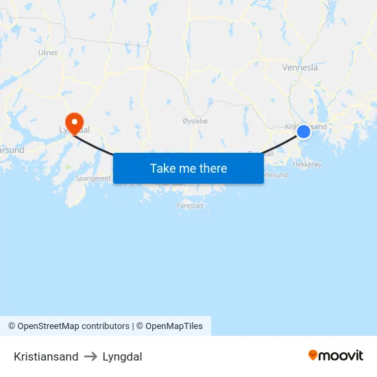 Kristiansand to Lyngdal map