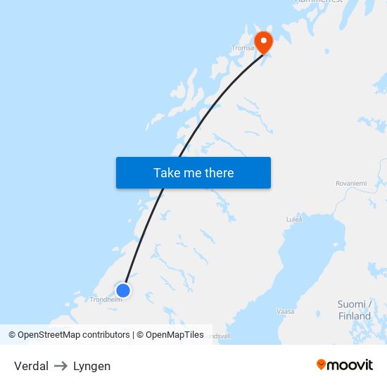 Verdal to Lyngen map