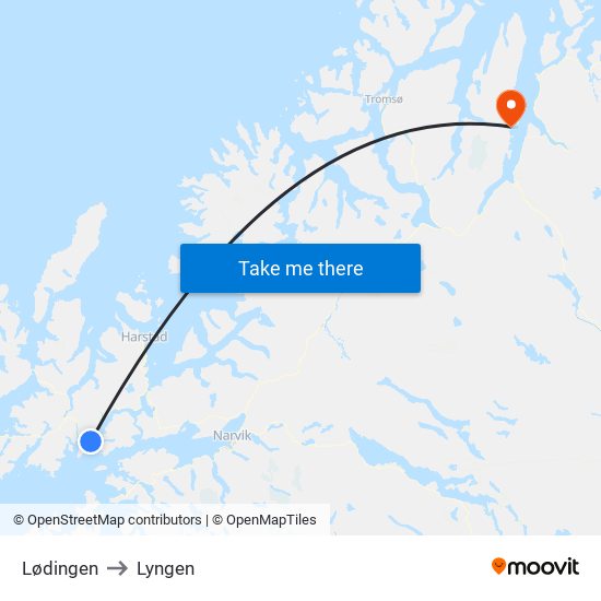 Lødingen to Lyngen map