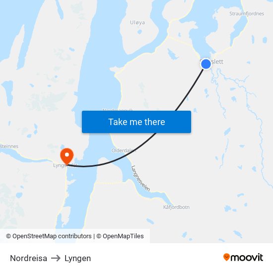 Nordreisa to Lyngen map