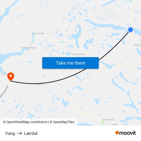 Vang to Lærdal map