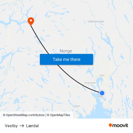 Vestby to Lærdal map