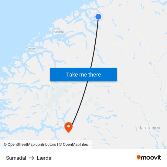 Surnadal to Lærdal map