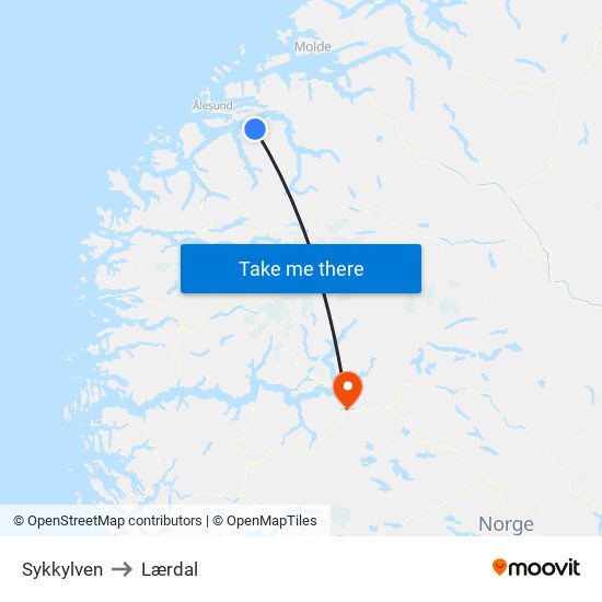 Sykkylven to Lærdal map