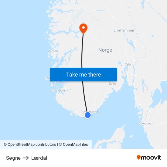 Søgne to Lærdal map