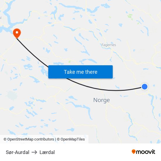 Sør-Aurdal to Lærdal map