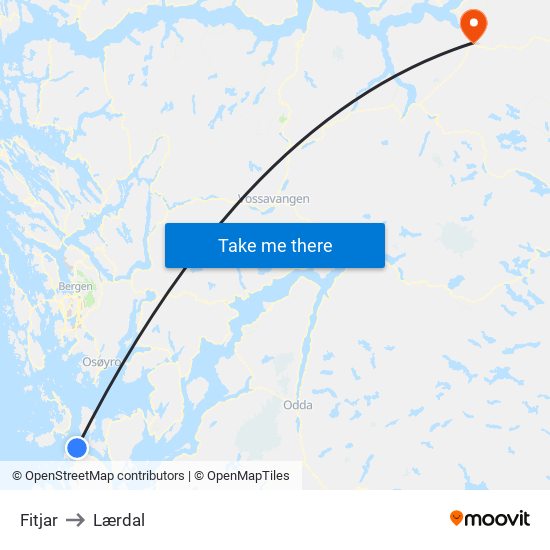 Fitjar to Lærdal map