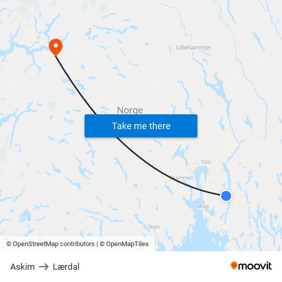 Askim to Lærdal map