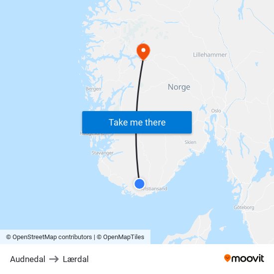 Audnedal to Lærdal map