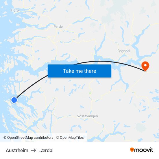 Austrheim to Lærdal map