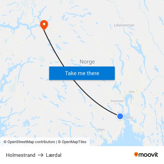 Holmestrand to Lærdal map