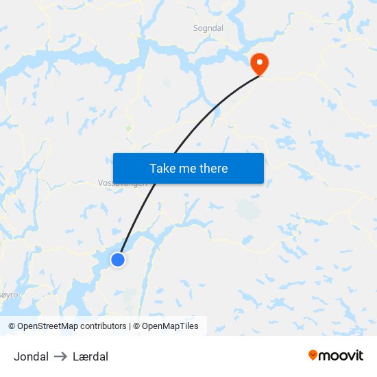 Jondal to Lærdal map